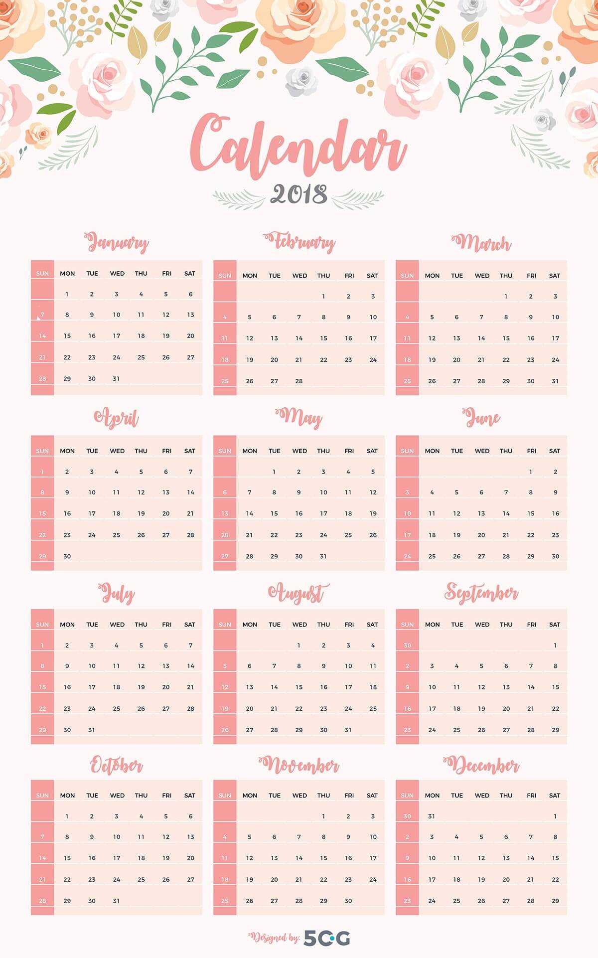 single page calendar template with photo