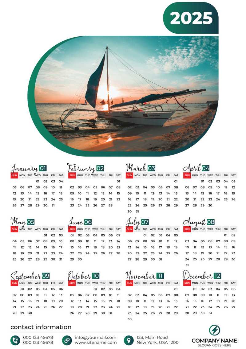 single page calendar template with photo