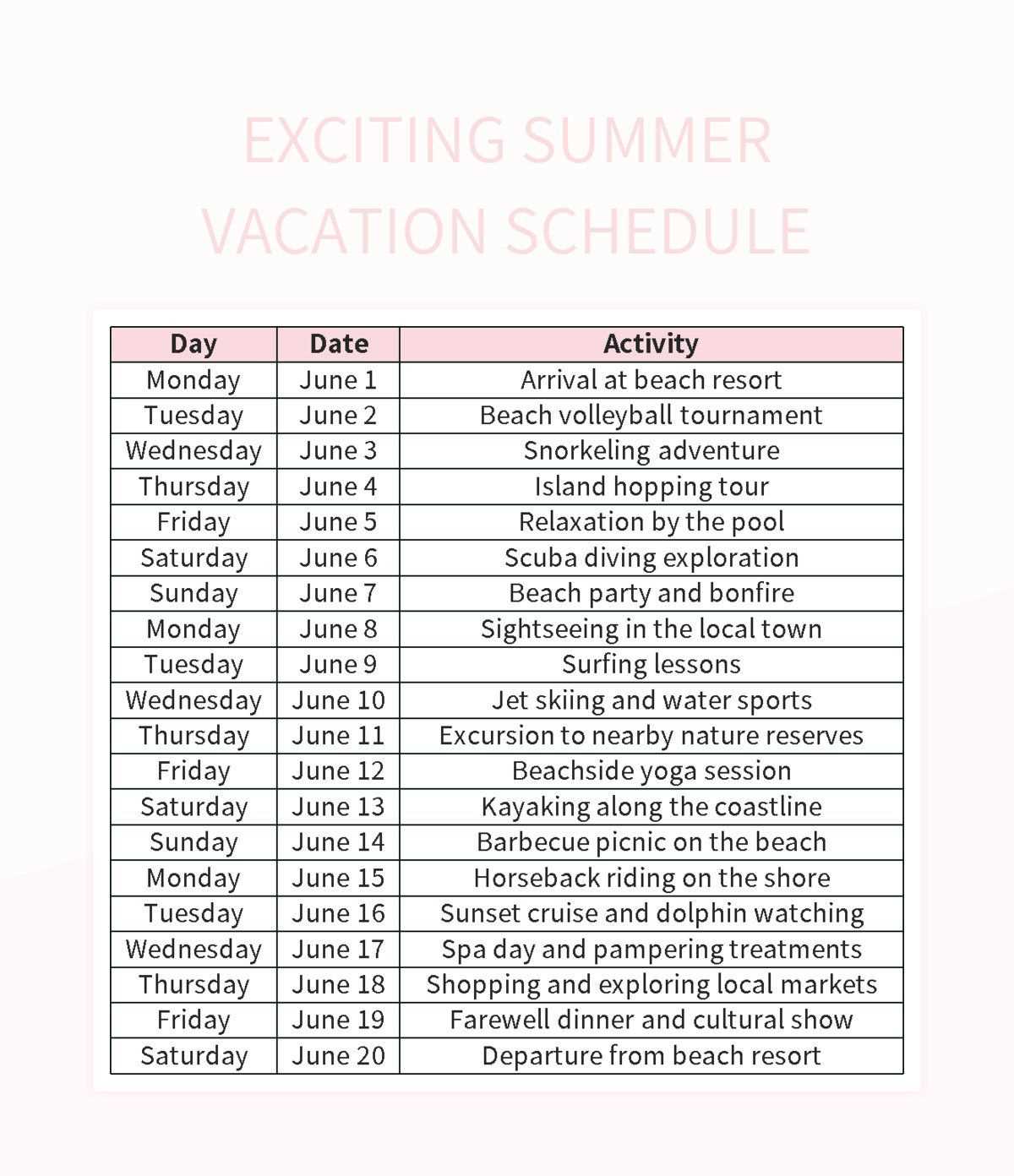 summer vacation calendar template