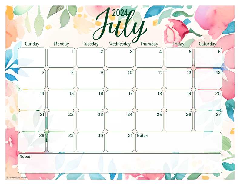 july monthly calendar template