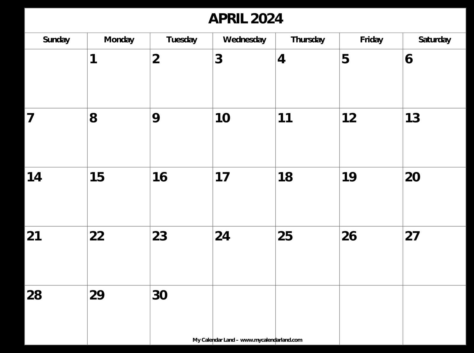 blank calendar template april