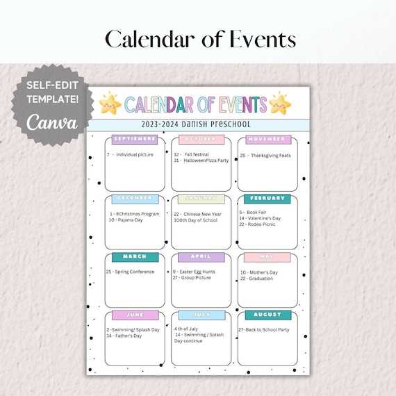 template for calendar of events