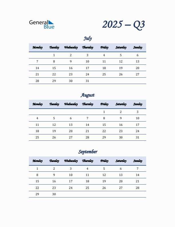 2025 3 month calendar template