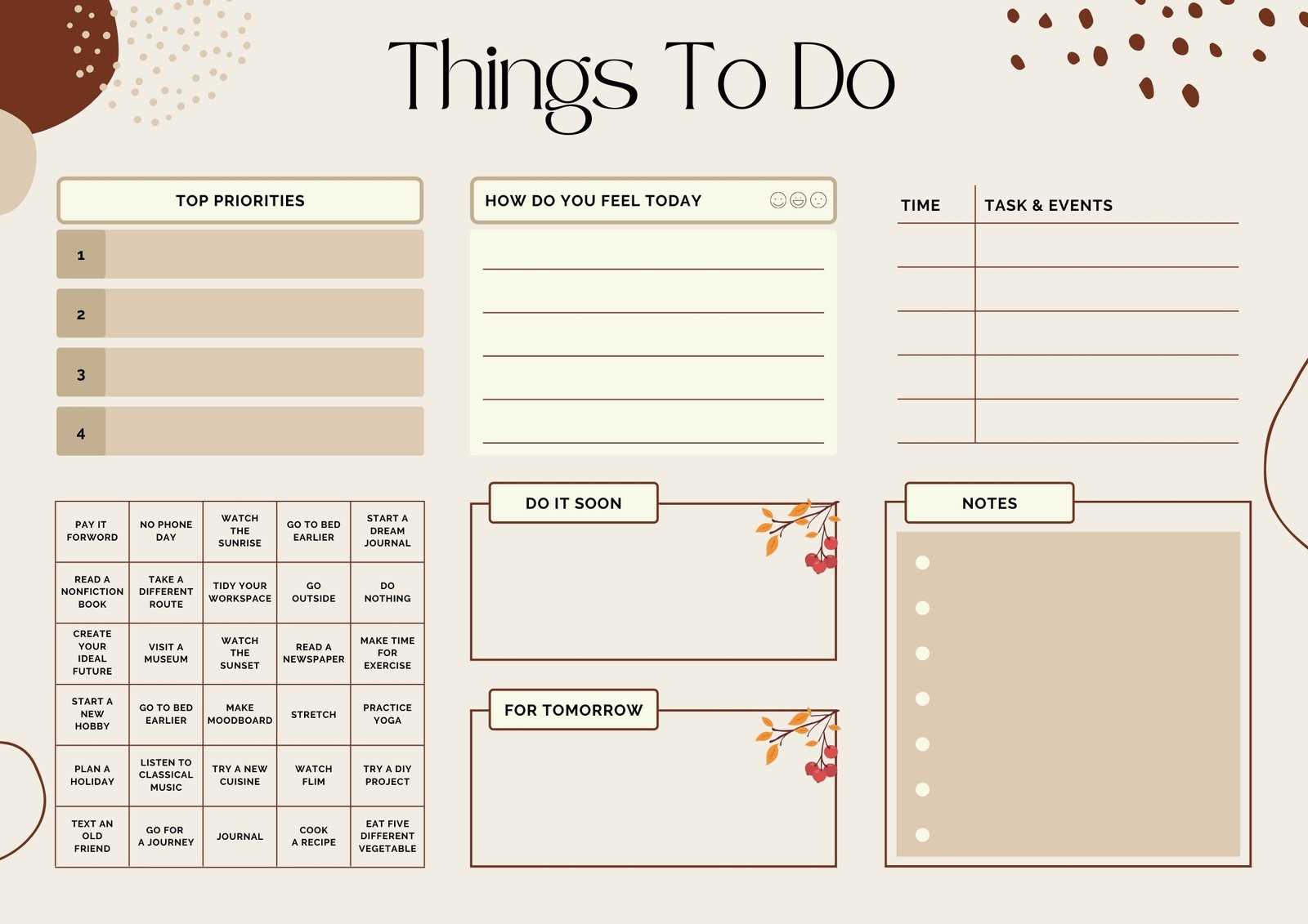 things to do template with calendar