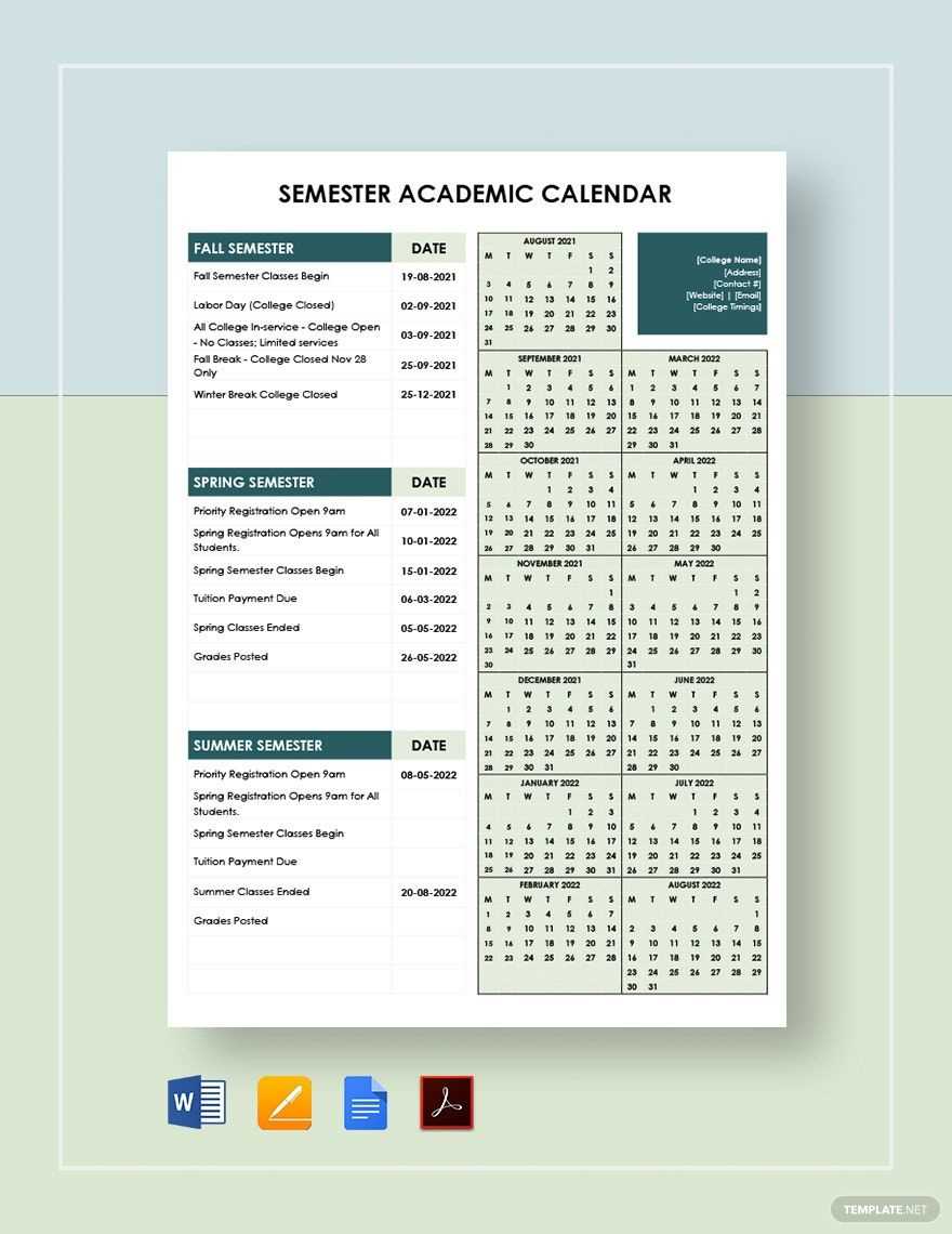 academic semester calendar template