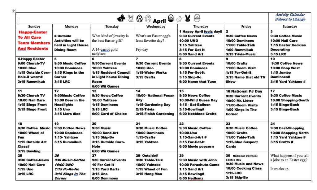 activity calendar template for seniors