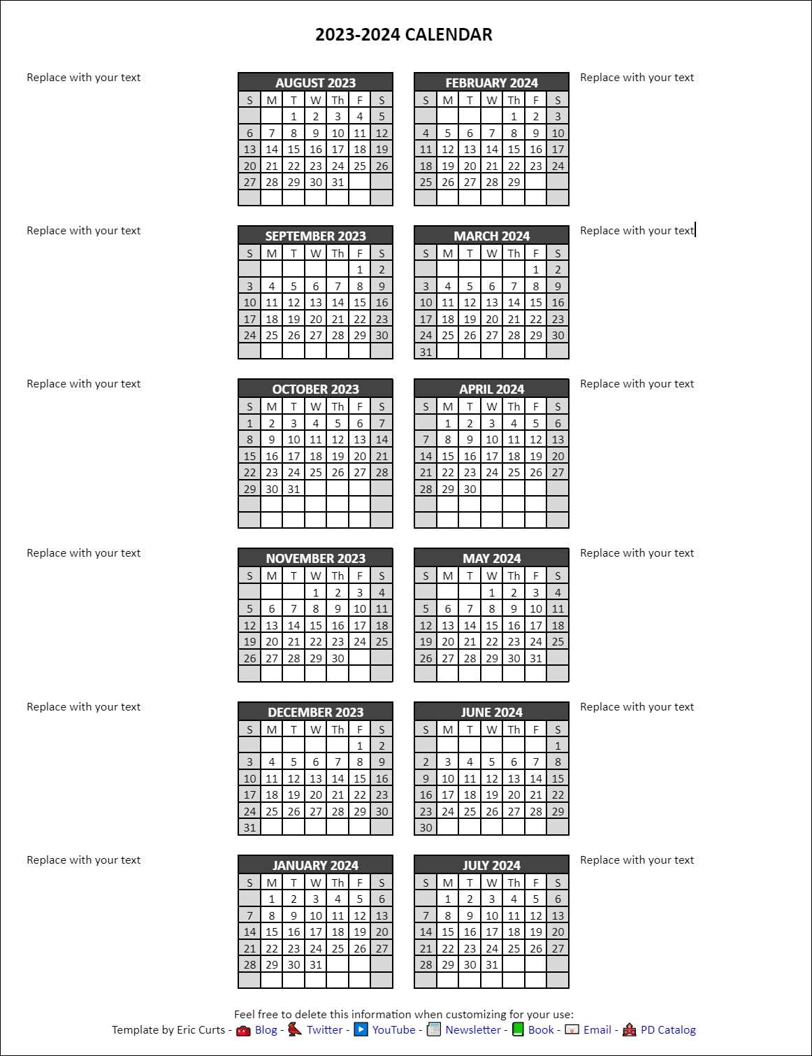 type in calendar template