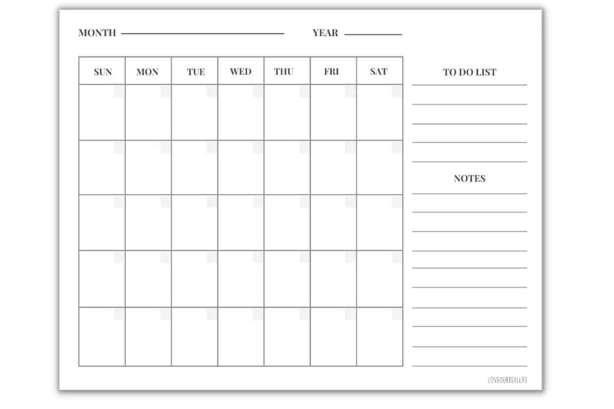 monthly calendar template with notes section