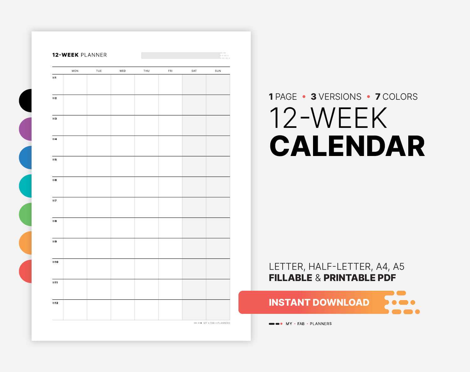 printable 12 week calendar template