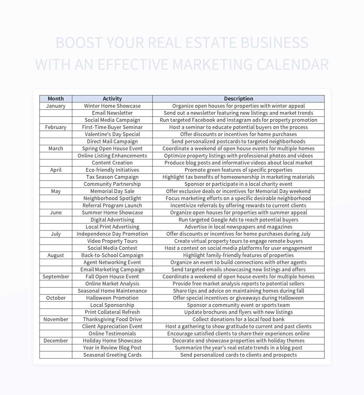 real estate marketing calendar template