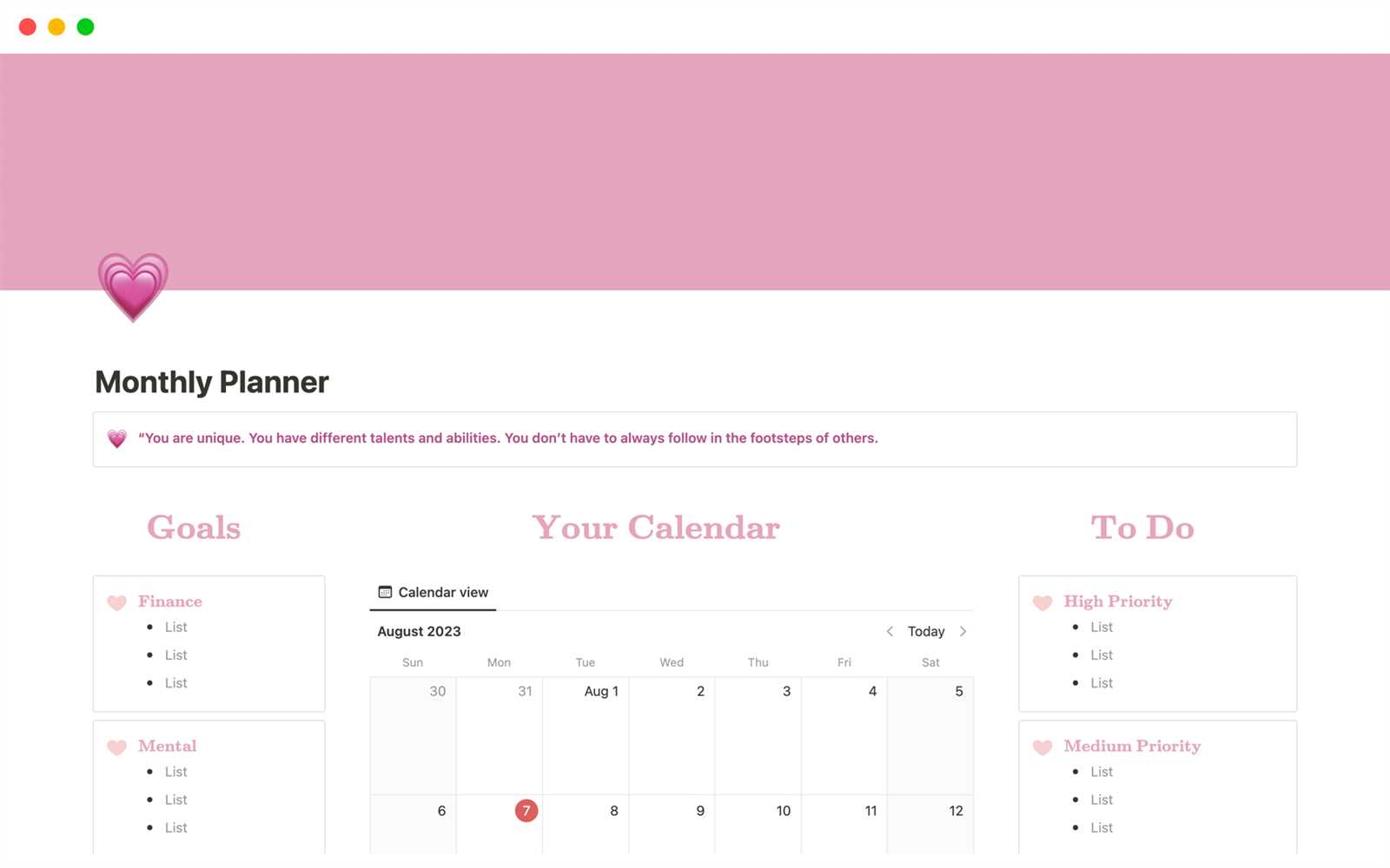 calendar notion template