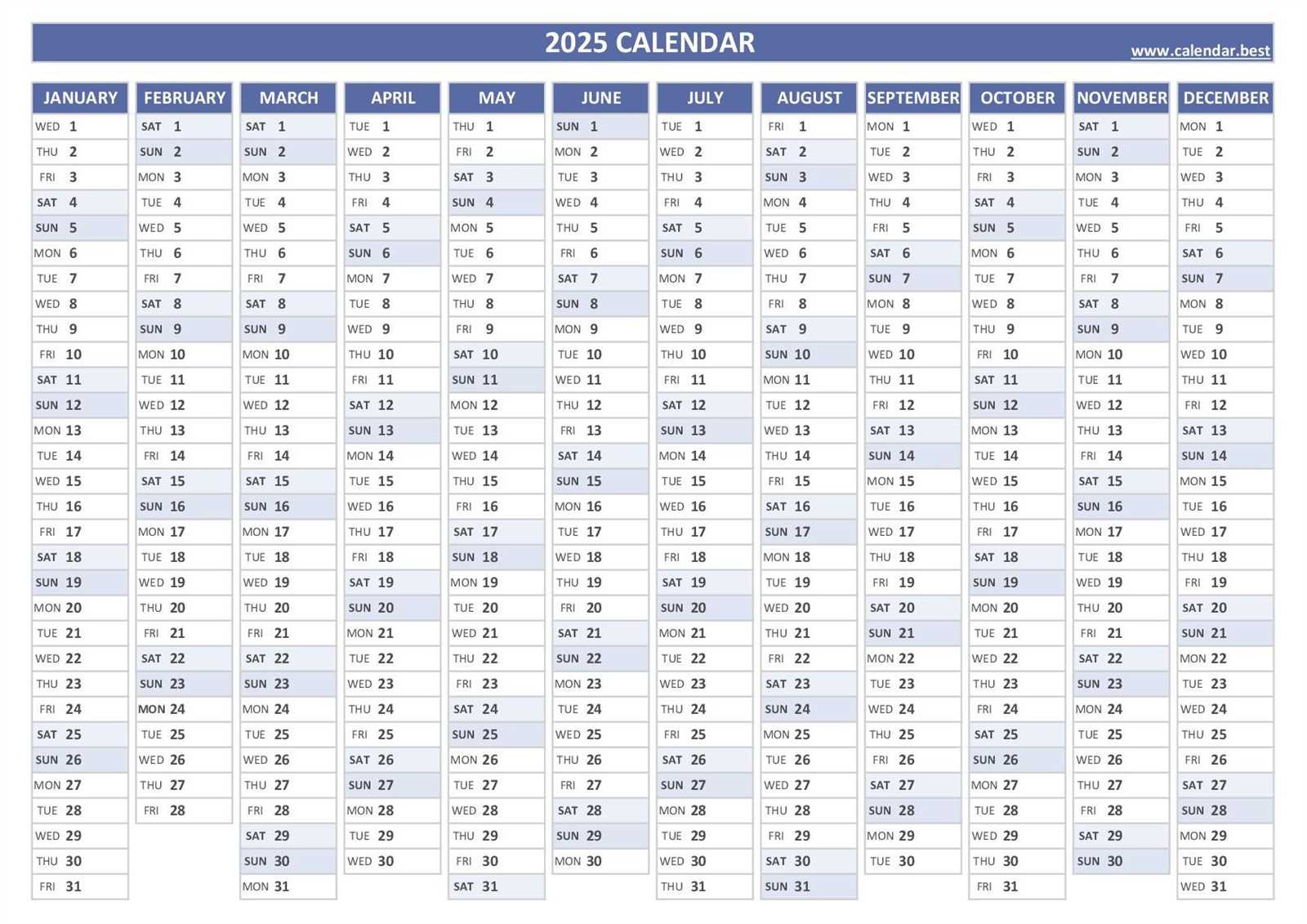 calendar template 2025 yearly