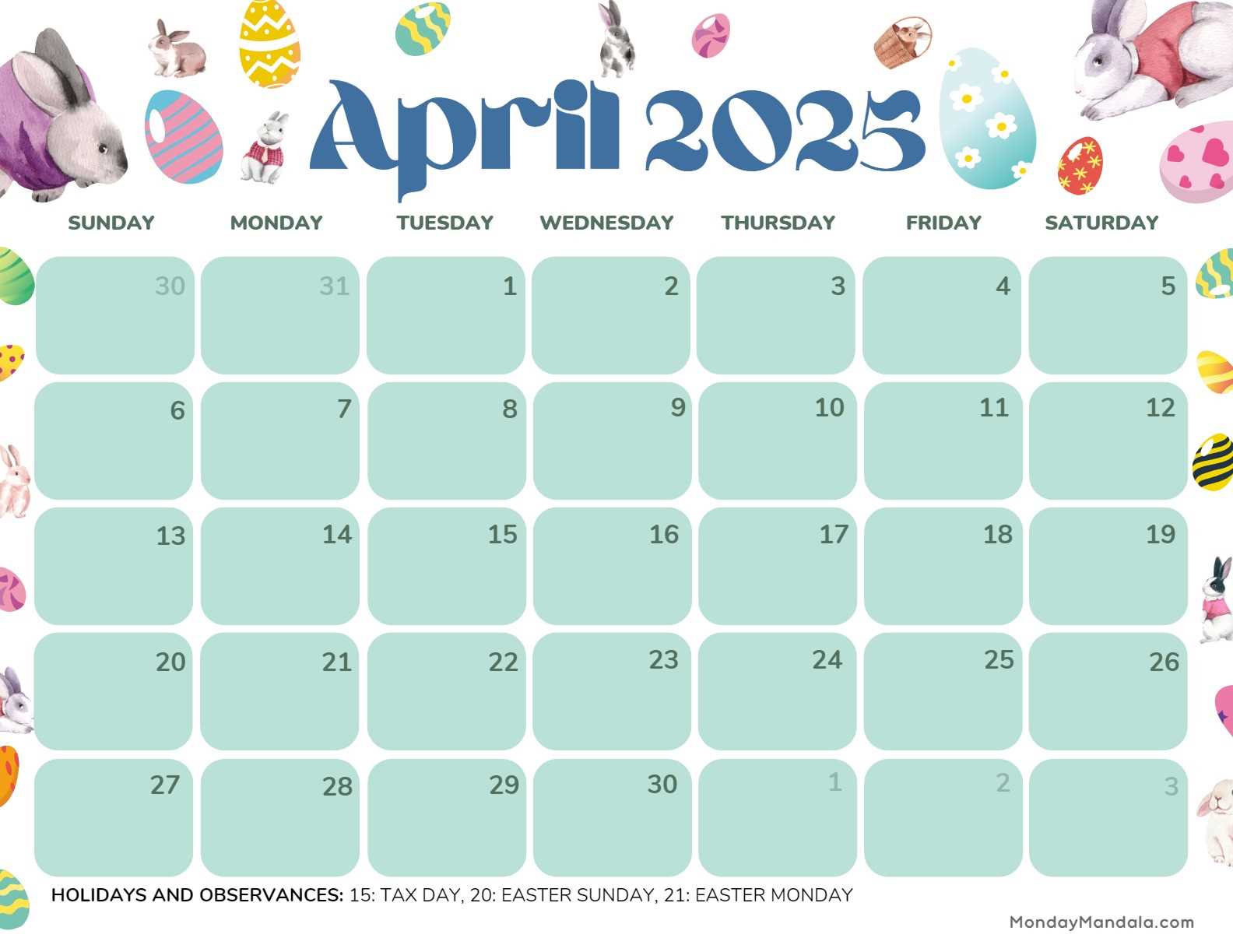 calendar template april 2026 printable