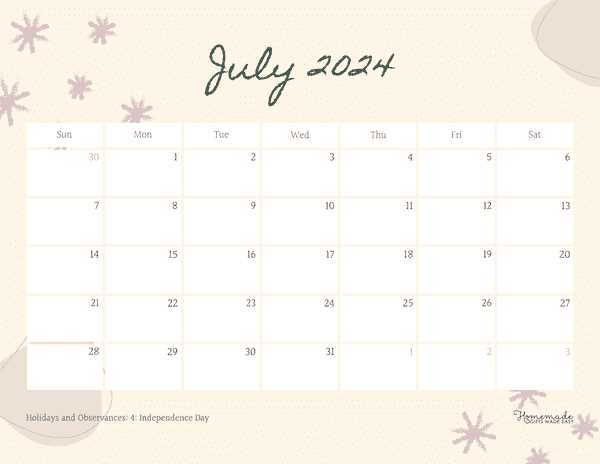 printable july calendar template