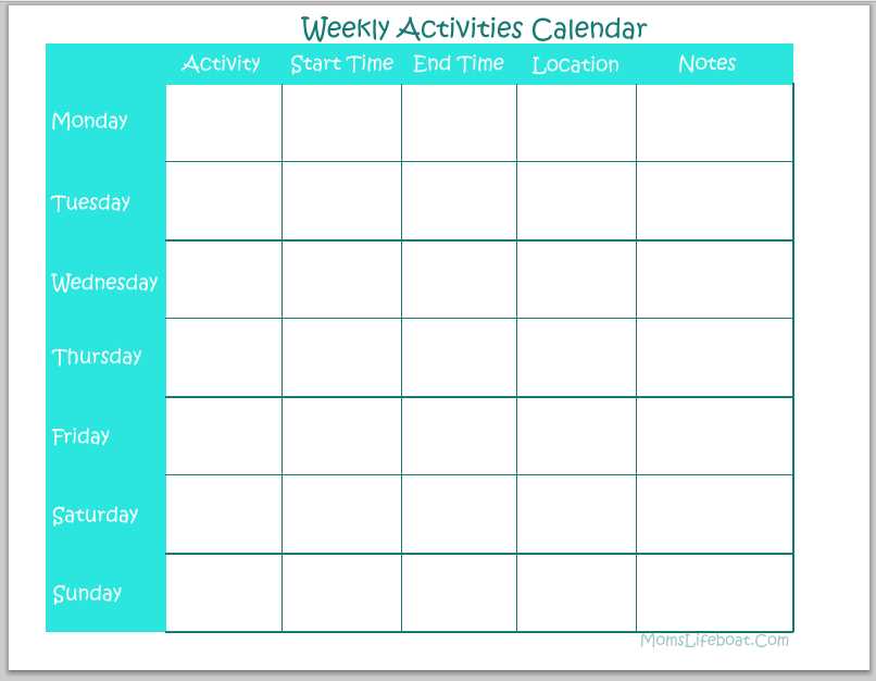 weekly calendar of events template