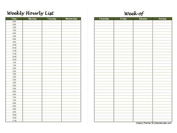 work week hourly calendar template