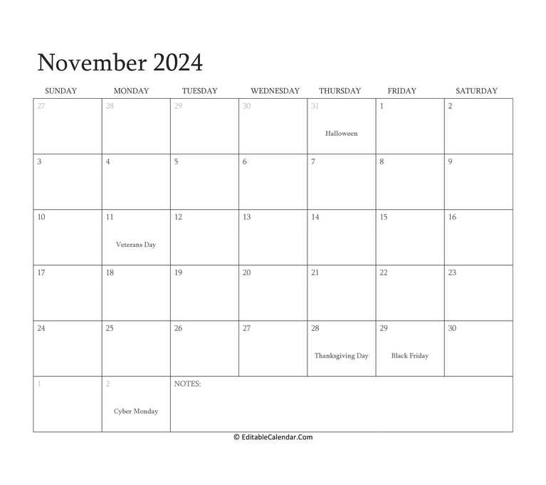 november calendar editable template