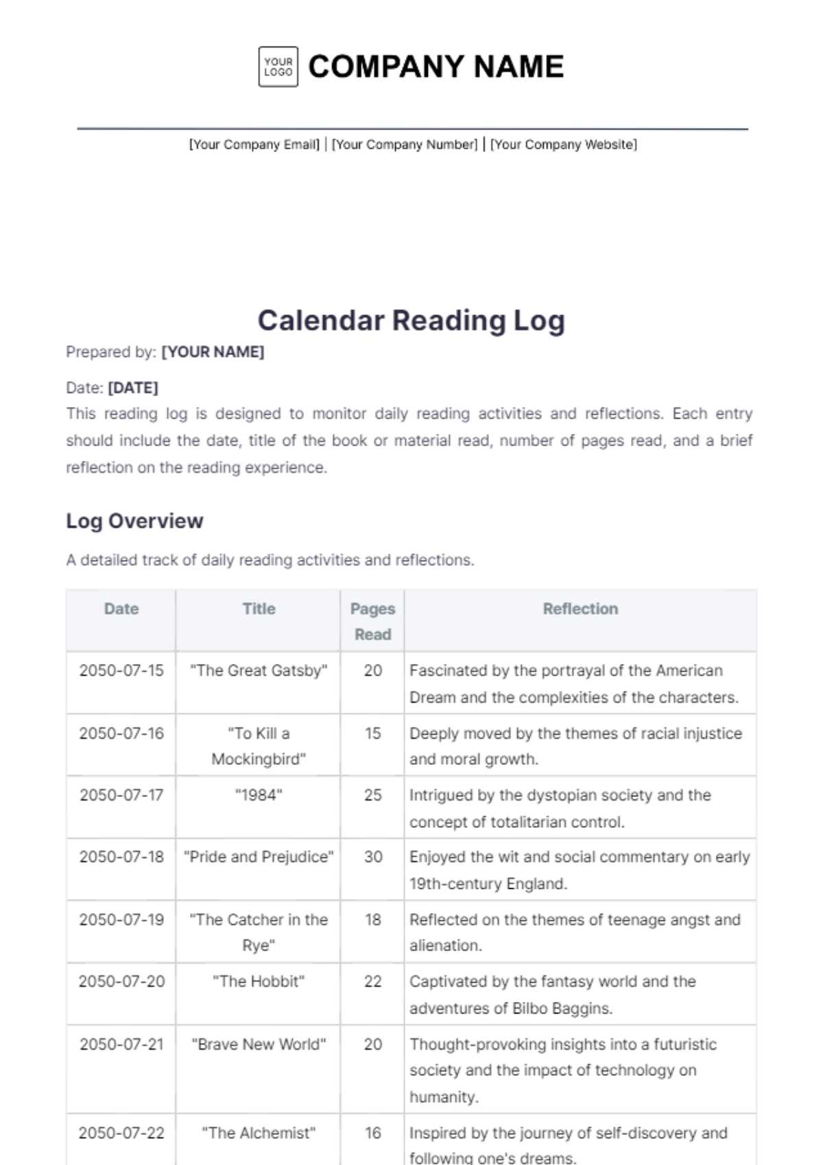 calendar log template