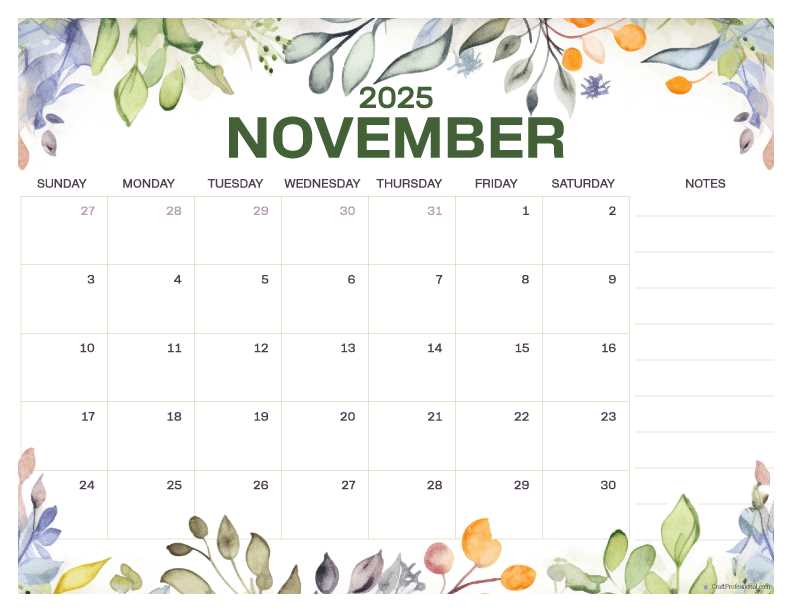 monthly calendar template november 2026