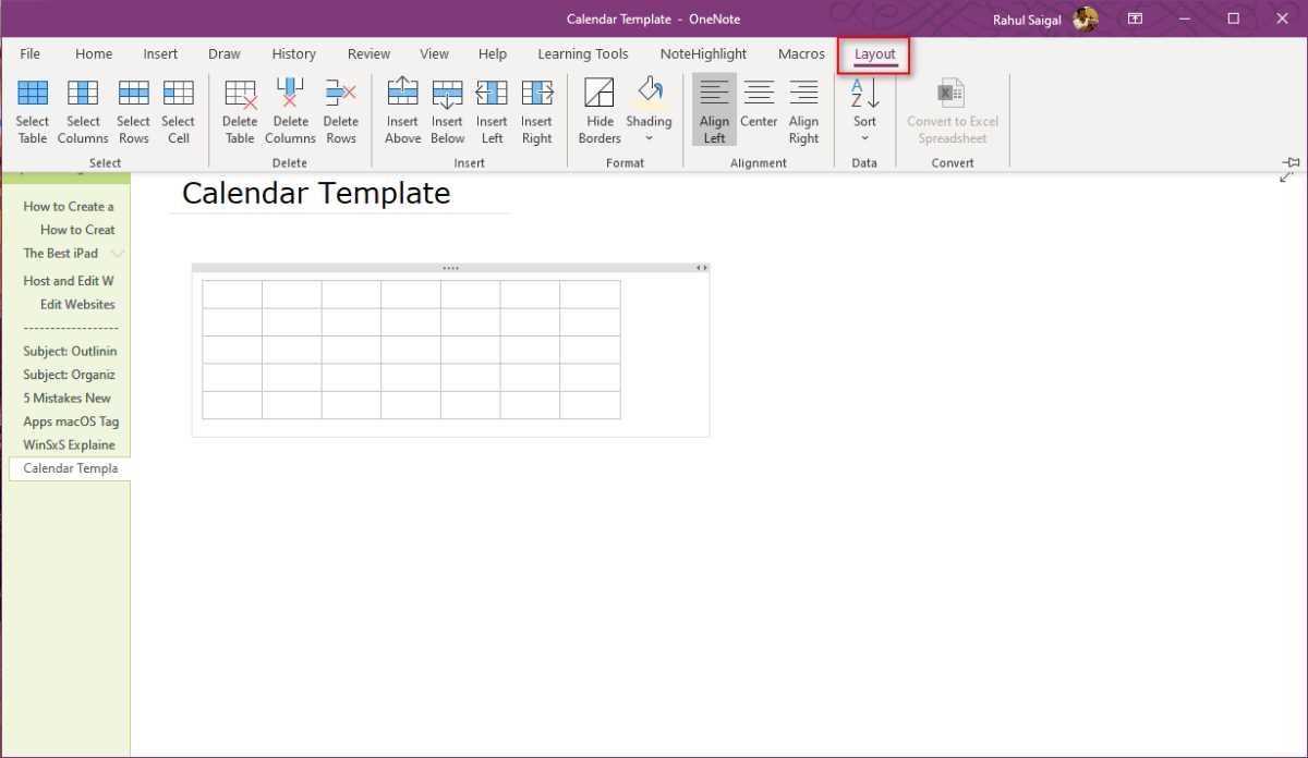 onenote calendar template