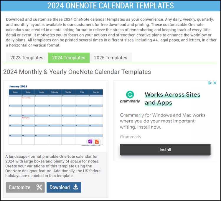 onenote calendar templates