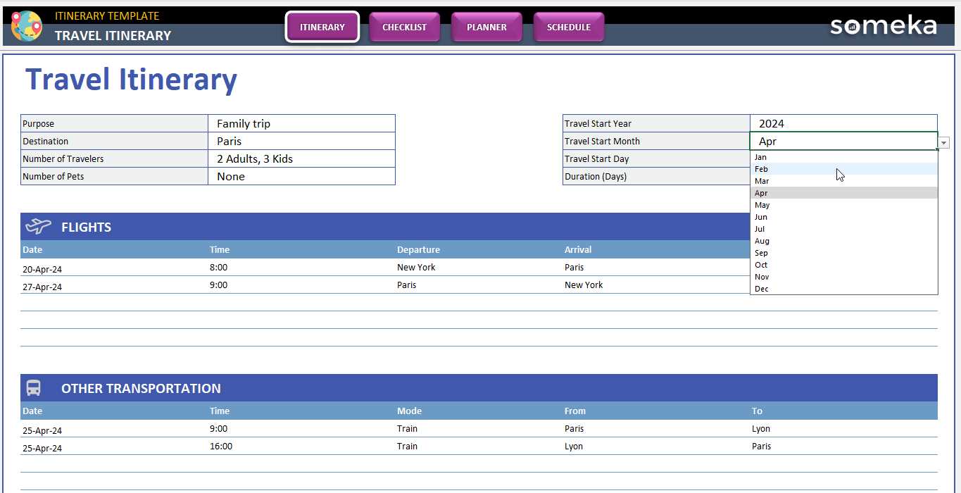 travel itinerary calendar template