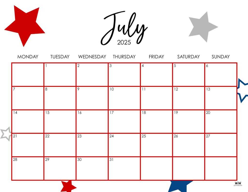 calendar july 2025 template