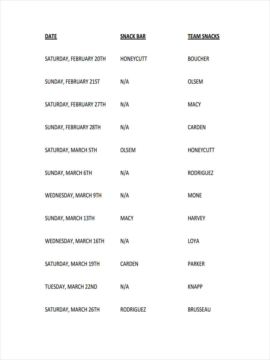 free snack calendar template