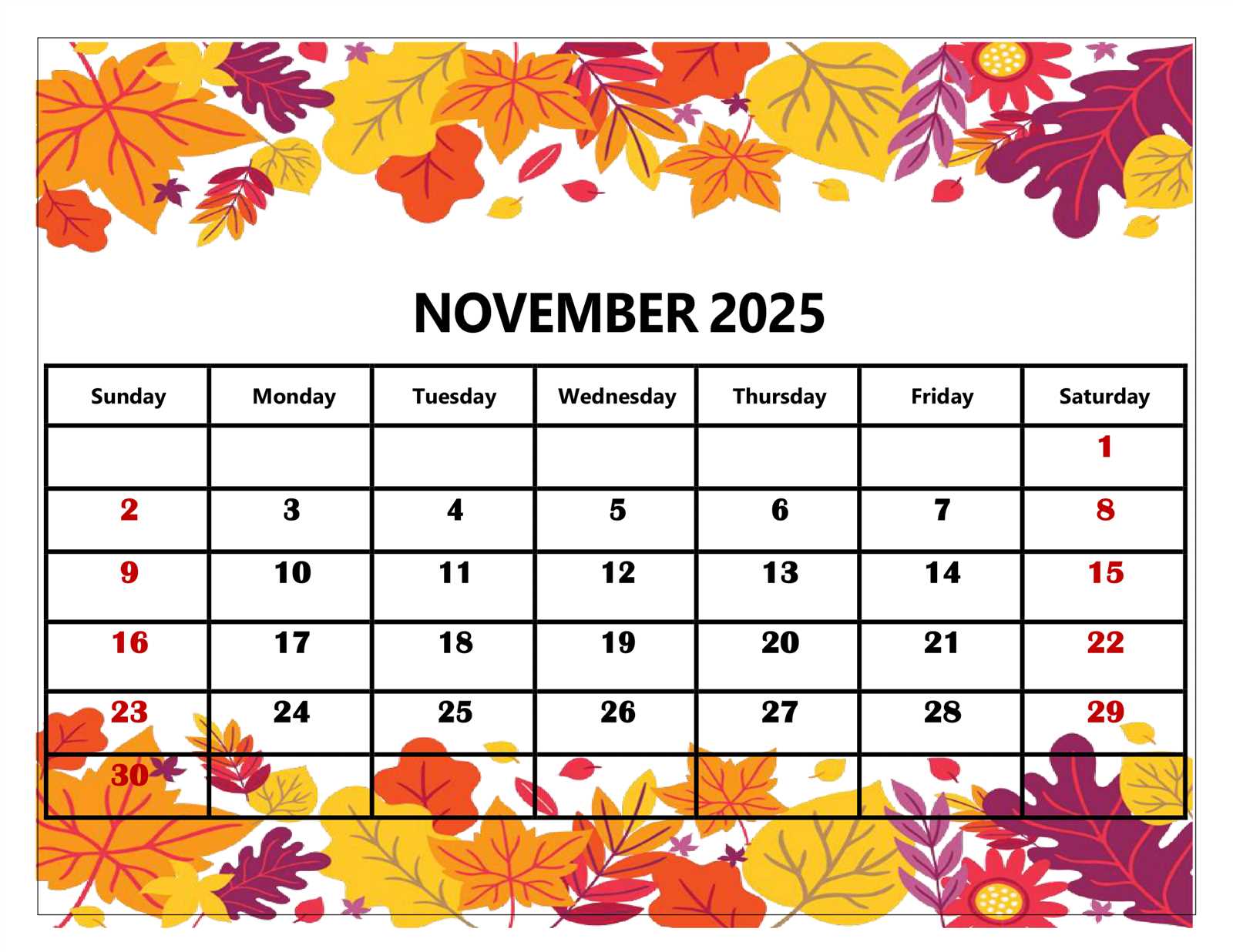 calendar template november 2026 printable