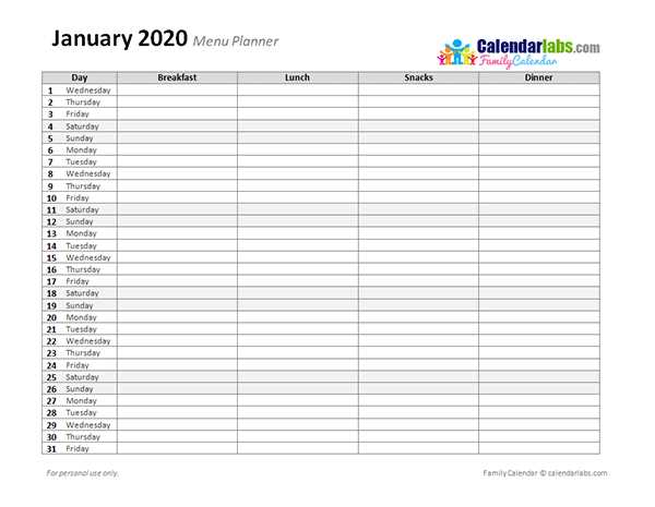 food menu calendar template