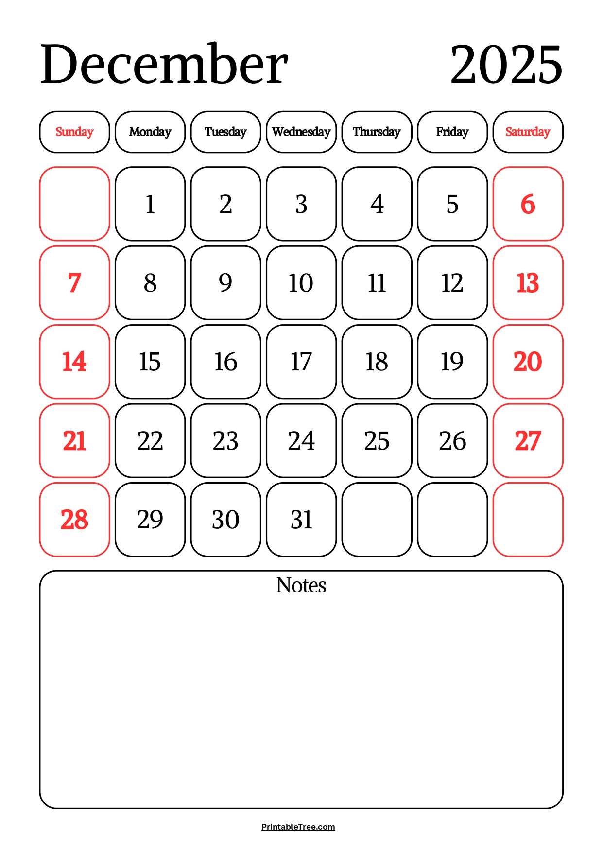 december calendar 2025 template