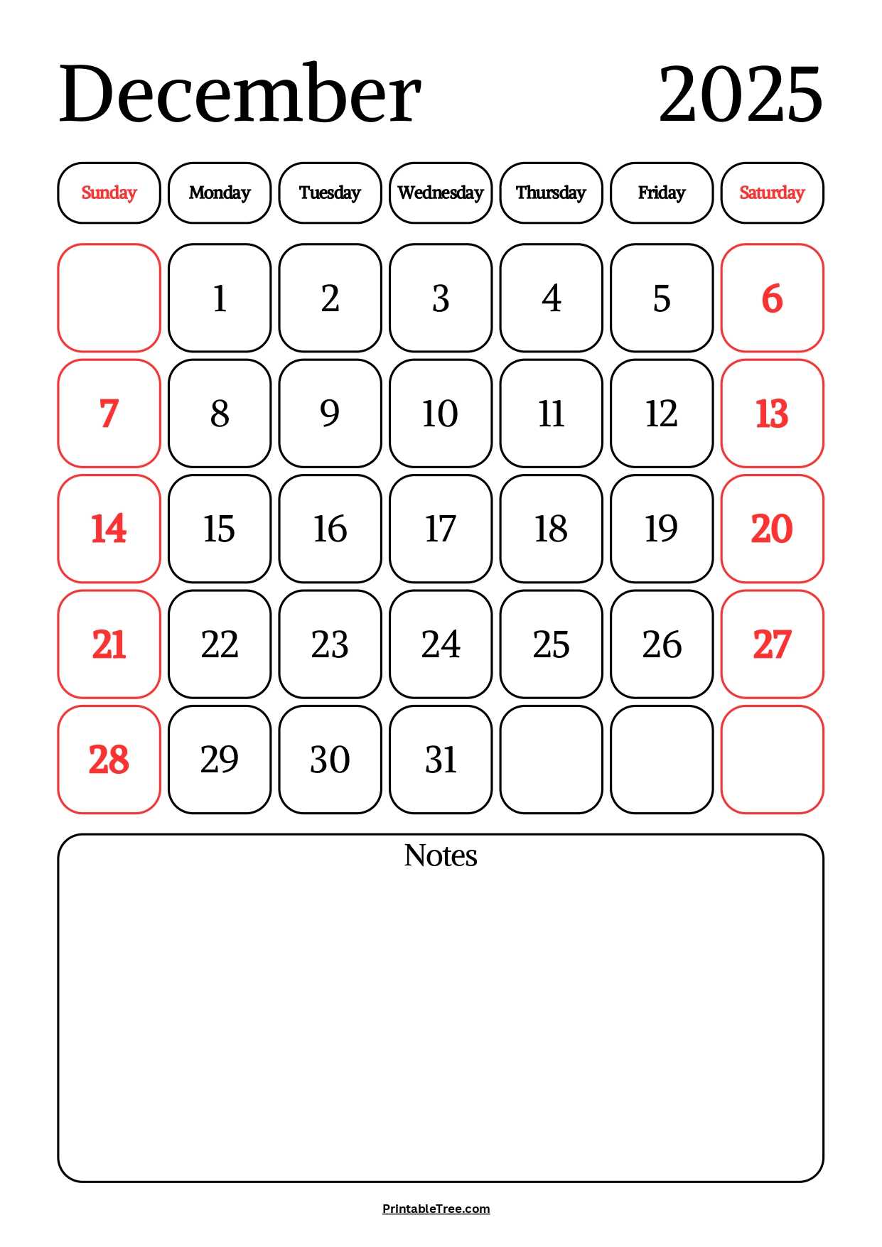 december calendar 2026 template