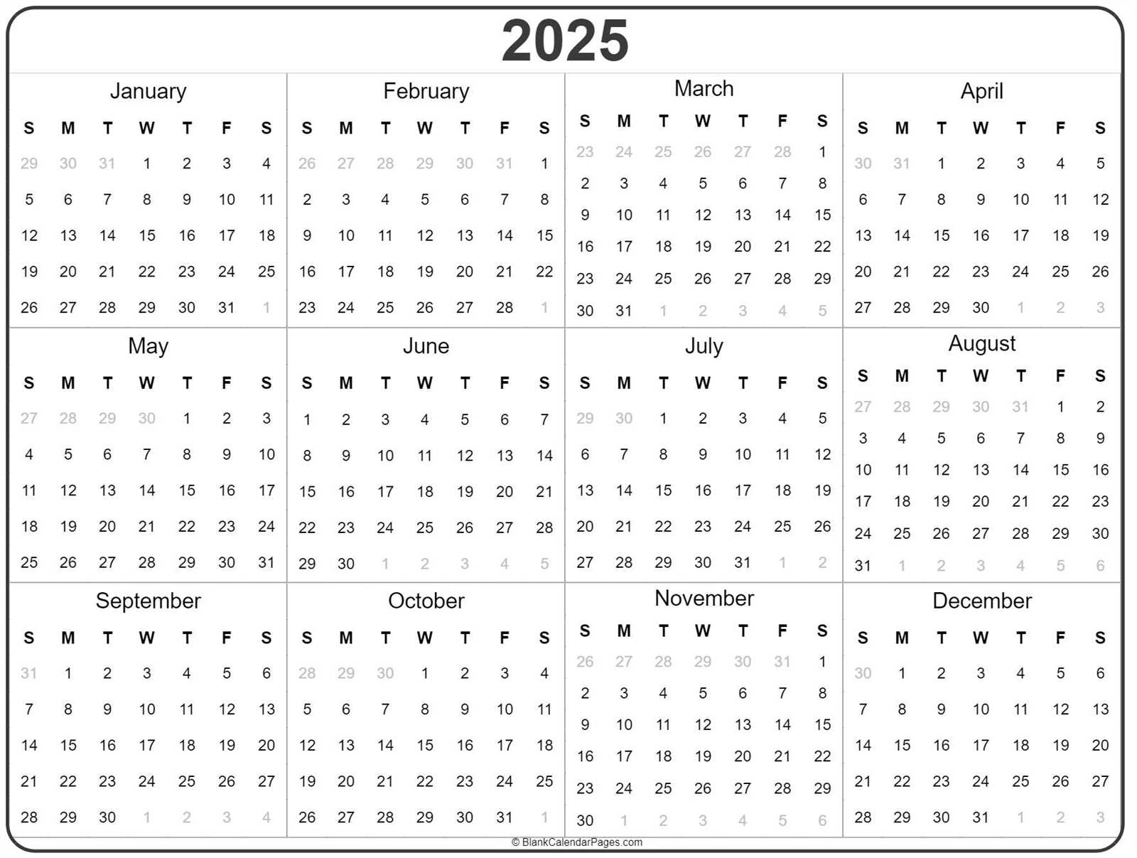 calendar template 2025 yearly