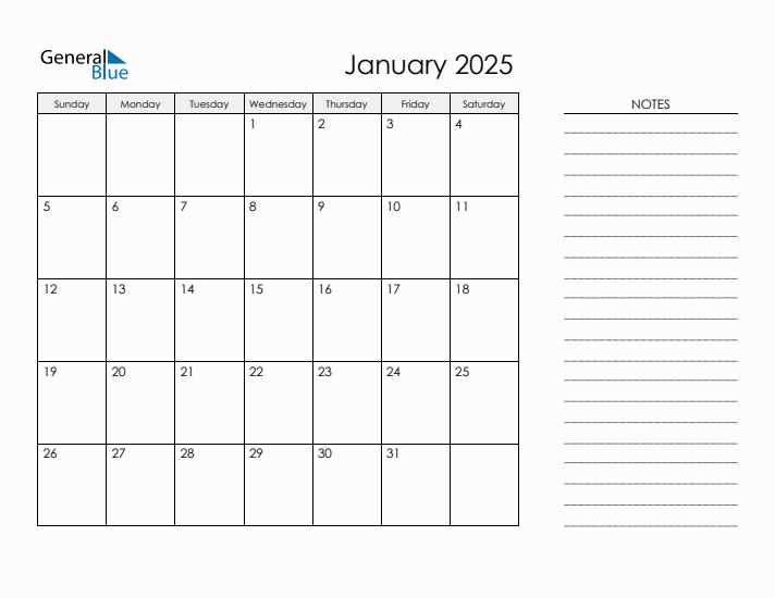 monthly calendar template january 2025