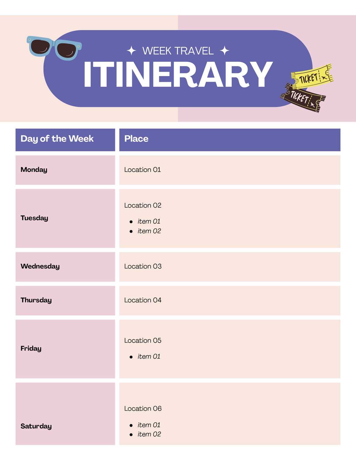 itinerary calendar template