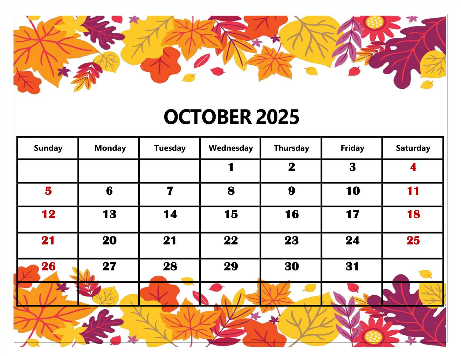 free calendar template october 2025