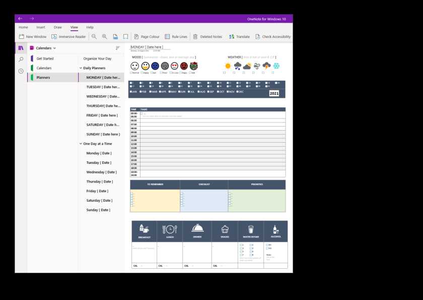 onenote calendar template