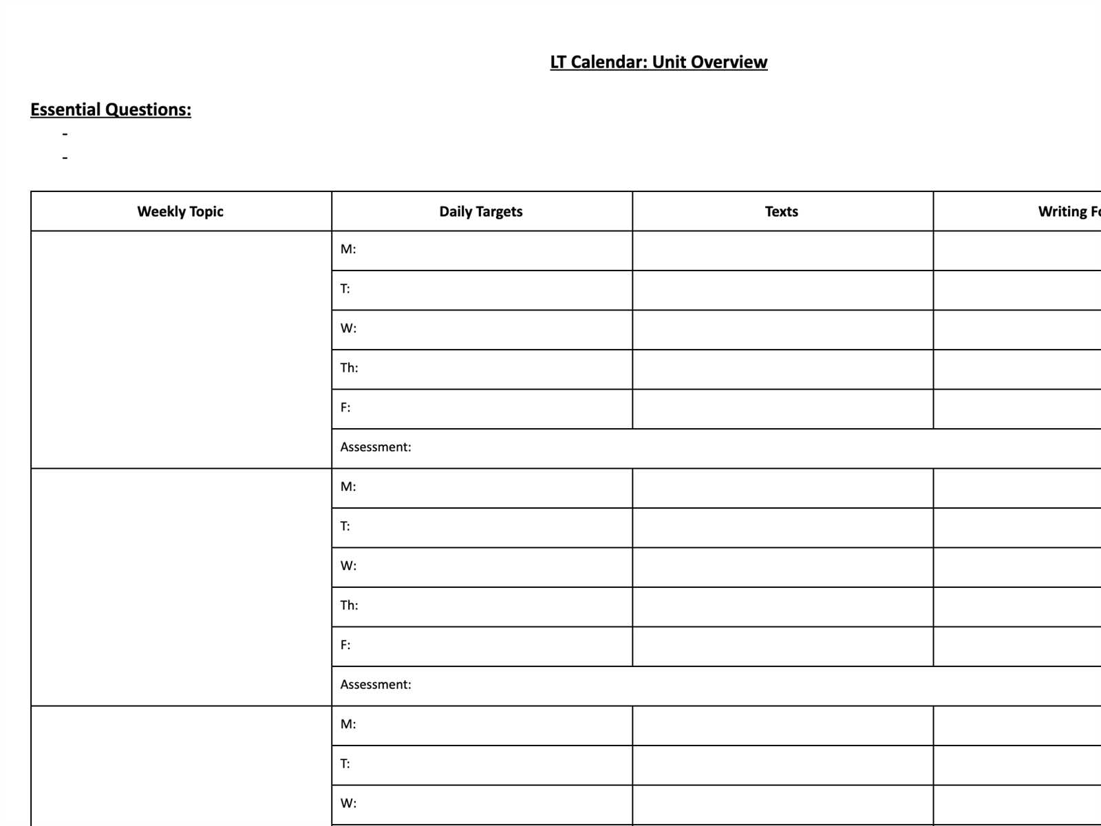 unit calendar template