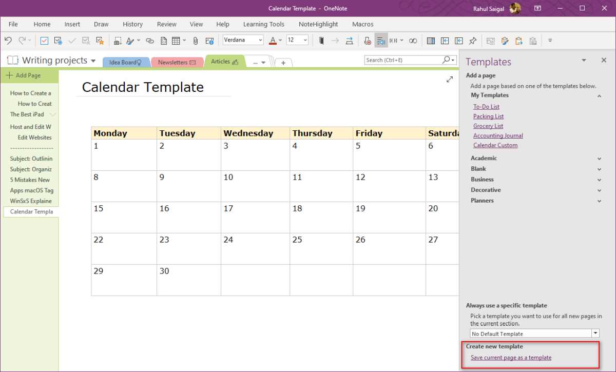 onenote calendar template