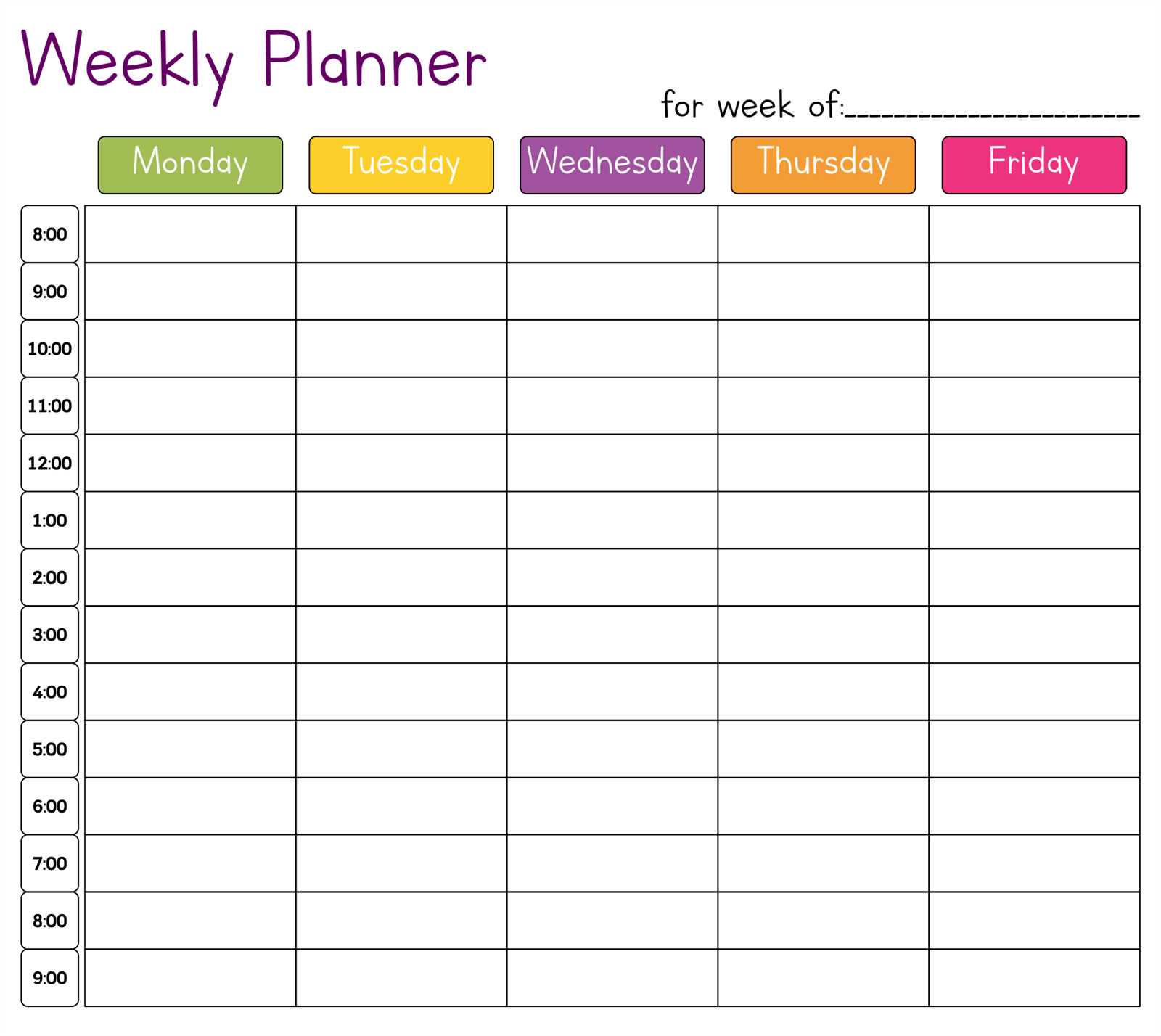 weekly calendar template hourly