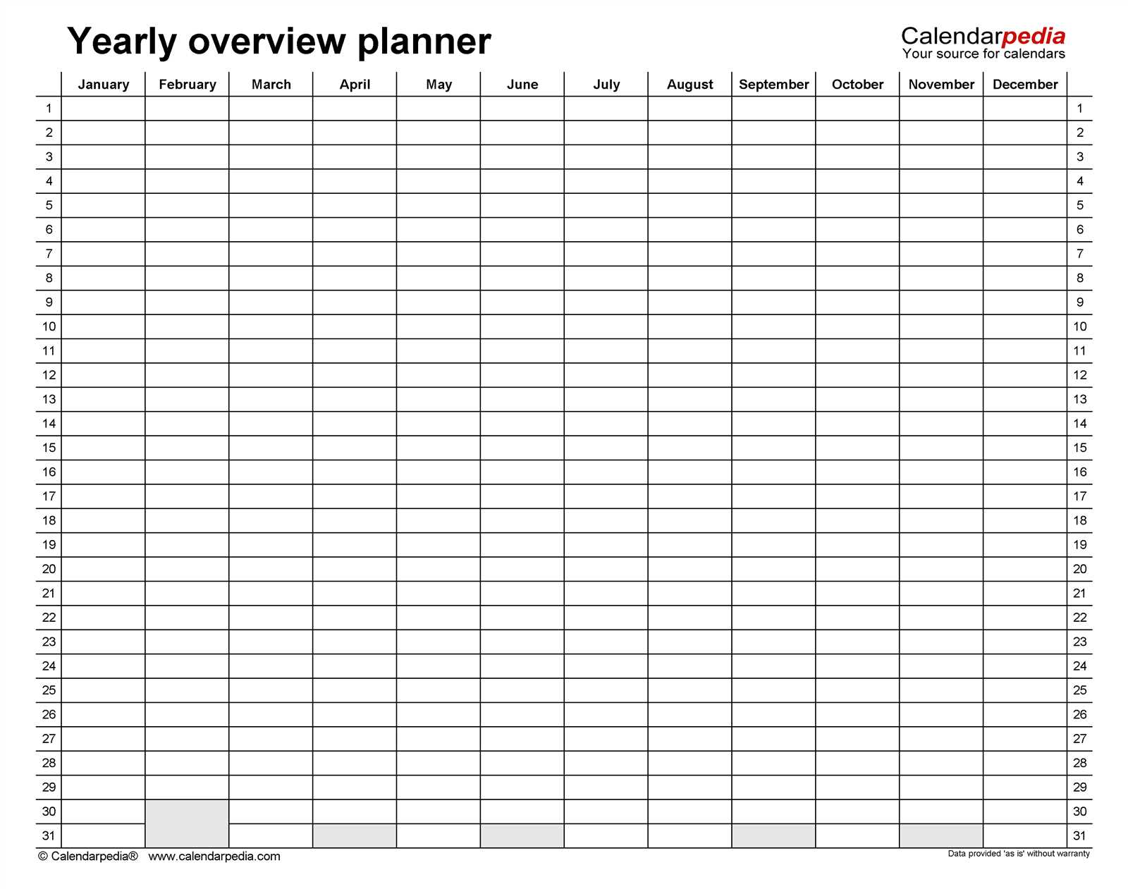 one year planning calendar template