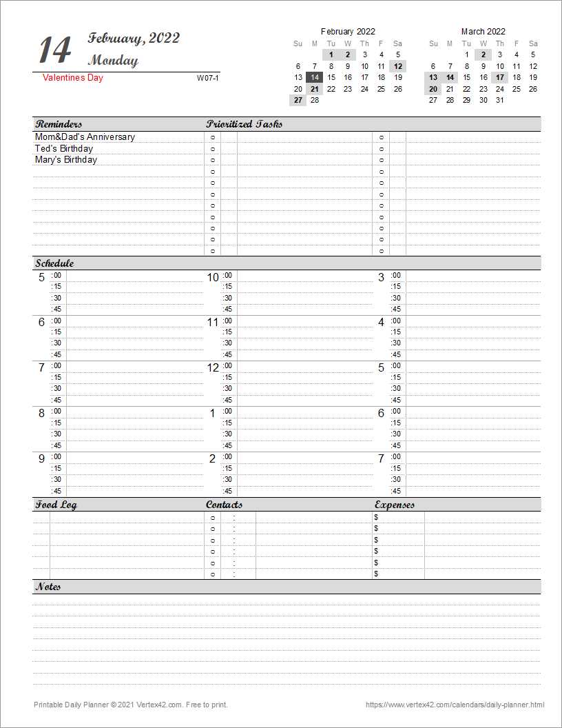 printable daily calendar template