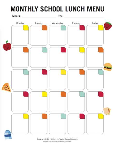 monthly food calendar template