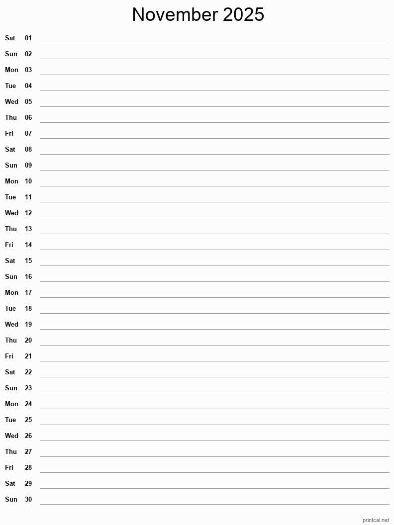 calendar template november 2025 printable