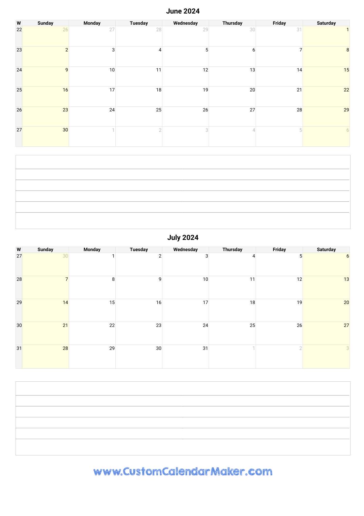 june and july calendar template