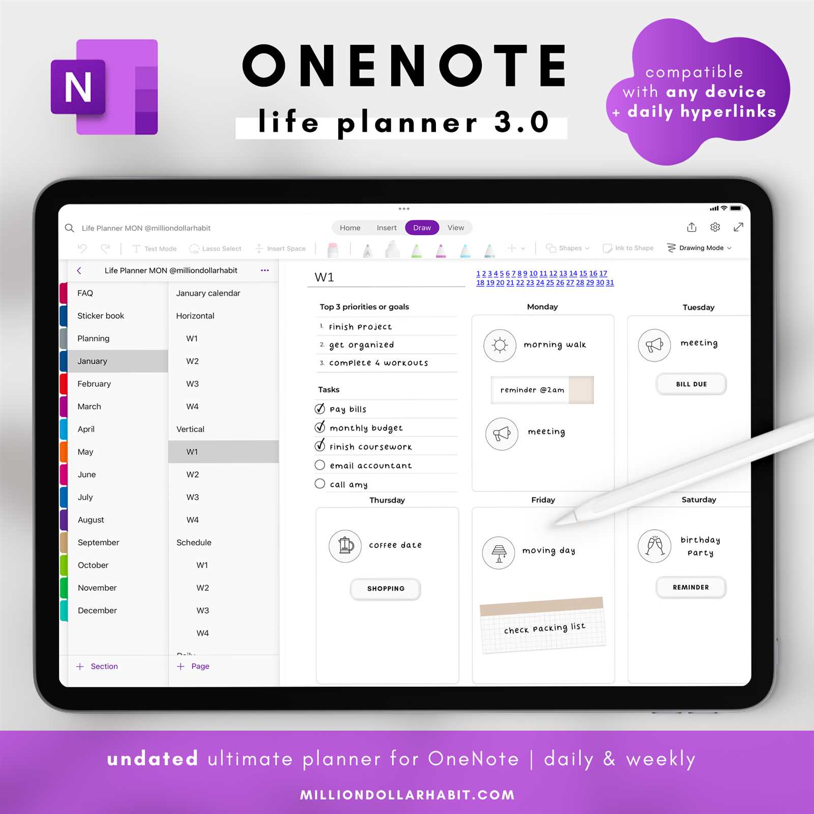 one note calendar template