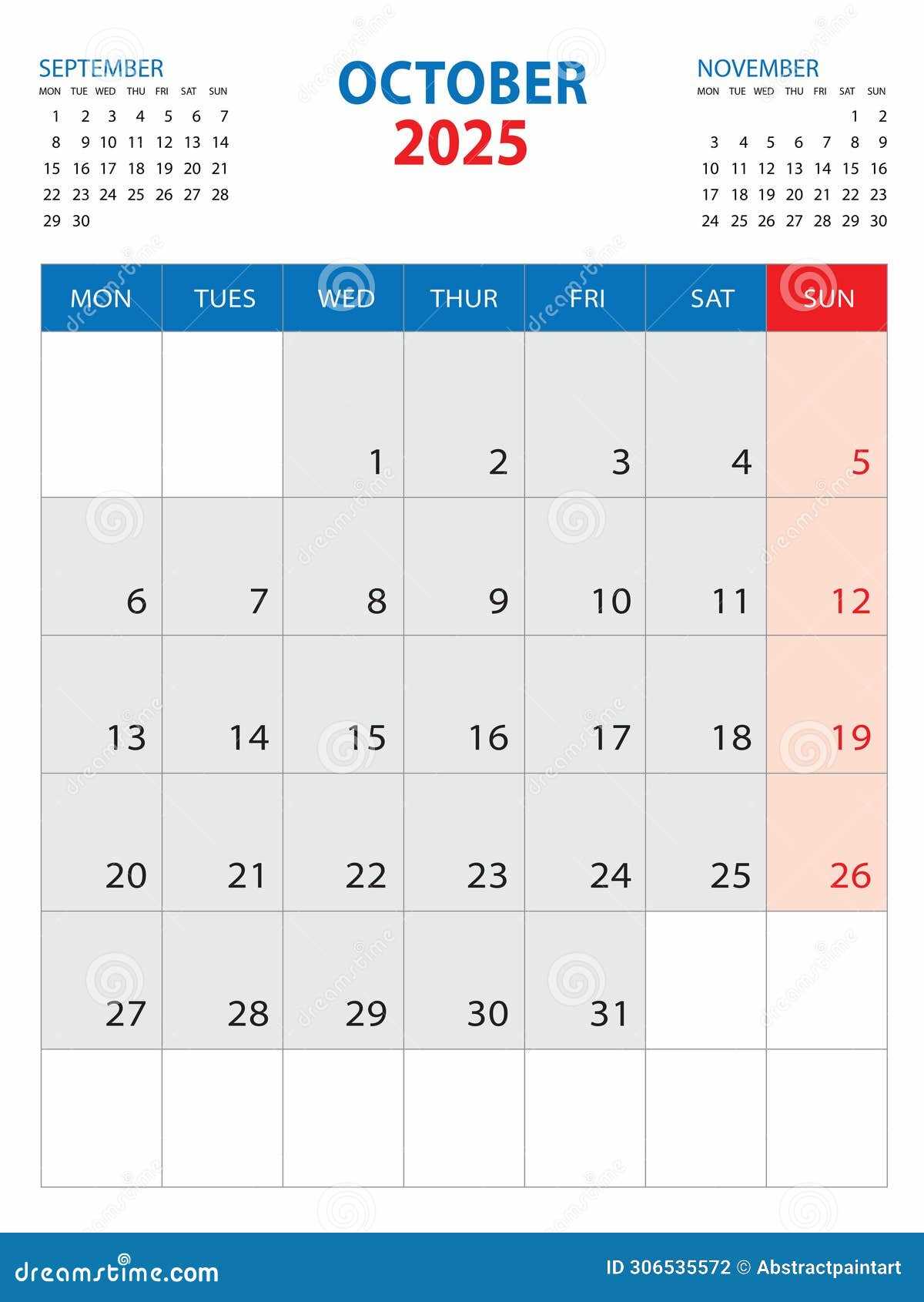 monthly calendar template october 2026