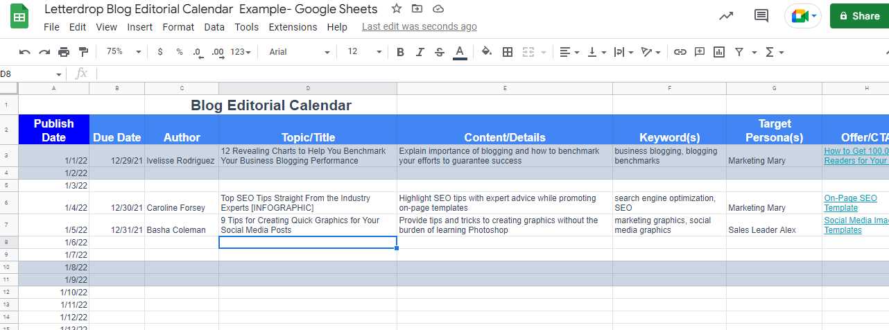 content calendar template sheets