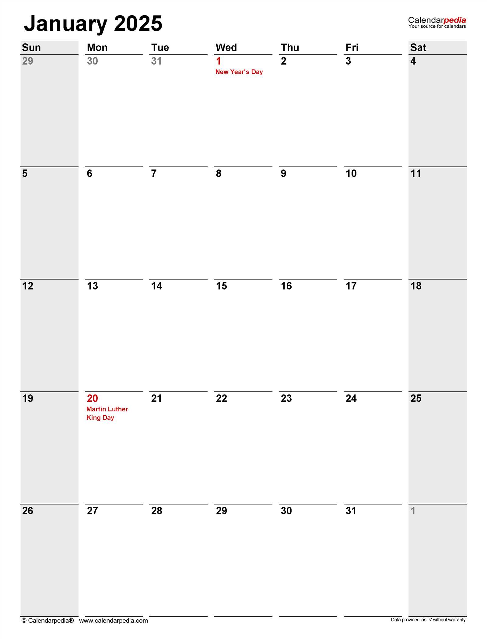 january 2025 calendar free template