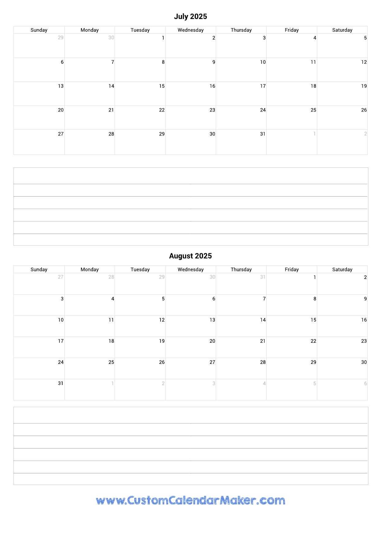 blank calendar template june july august 2025